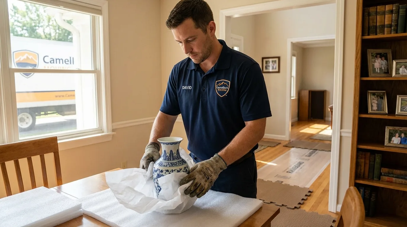 Professional crew carefully wrapping antique vase for senior downsizing move in Kayenta, AZ